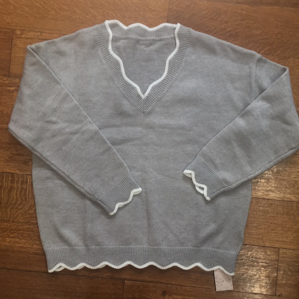 V-Neck Gray Sweater with White Trim